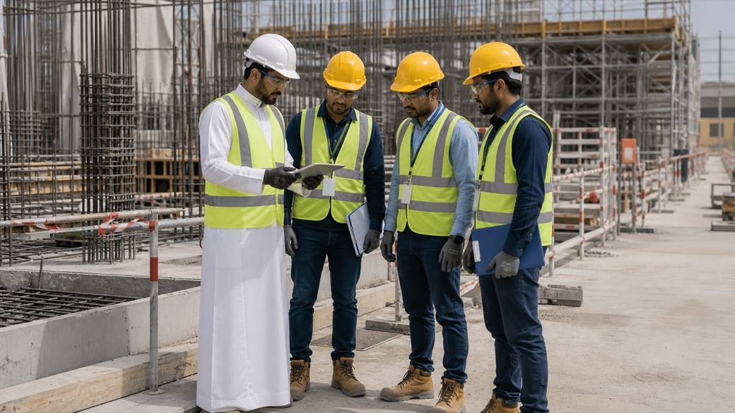 صورة تمثيلية لفريق HSQE يراجع ضوابط السلامة والجودة في موقع