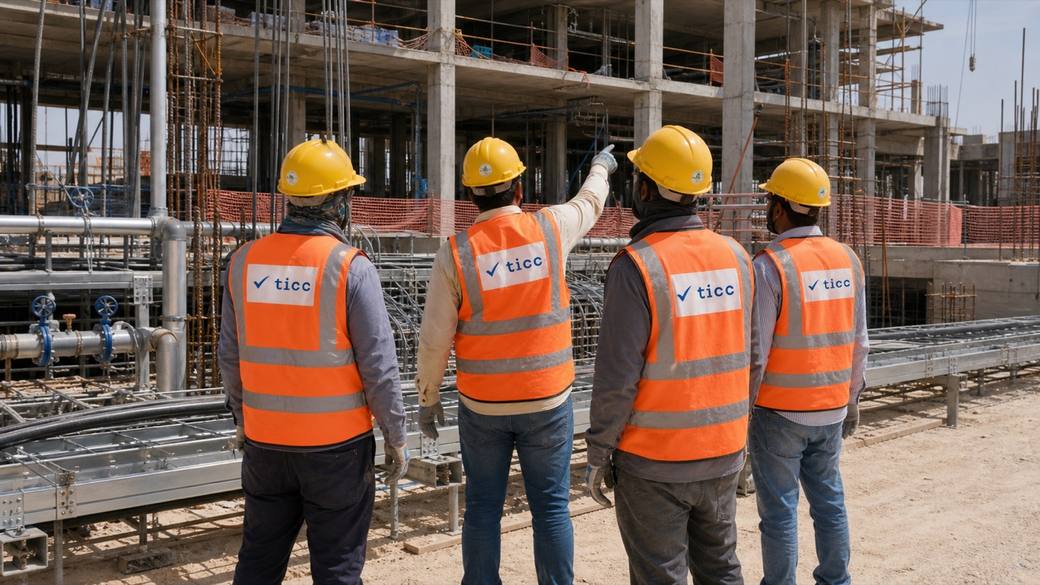 صورة تمثيلية لفريق TICC يراجع أعمالا مدنية وMEP وبنية تحتية في موقع مشروع